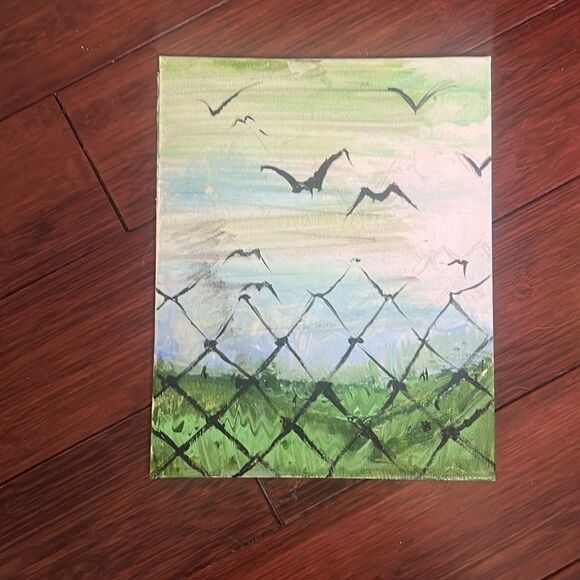 2 Paintings (1 Sunset , 1 Bird and Fence) Fun Colorful Paintings - 8 x 10 - Picture 2 of 6